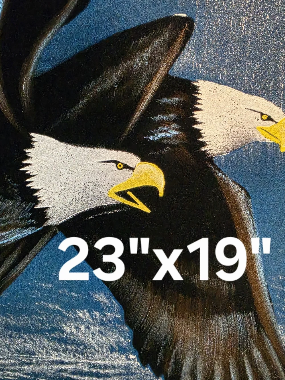 Vintage Black Velvet Oil Painting Wood Framed 23”x 19” Bald Eagle Moon Waterfall